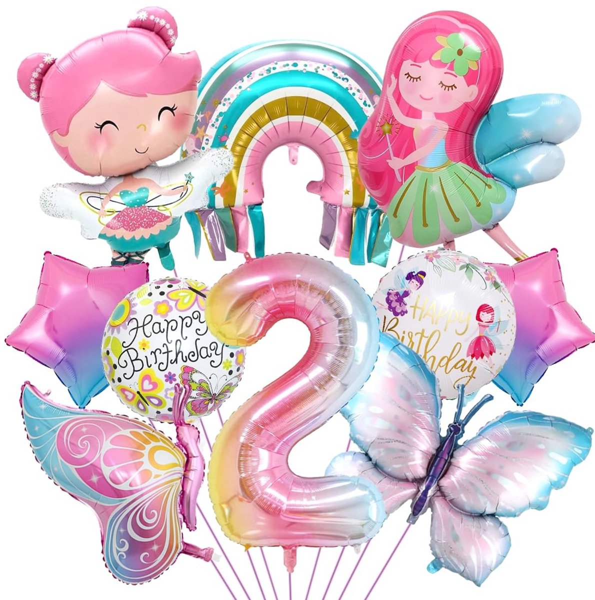 ZEYNOMAX- Folieballon Set 1 - Nummer "2" Folieballon (101 cm) - Sterballonnen (45 cm) - Ronde Ballonnen (45 cm) - Vlinderballonnen - Hoogwaardig Aluminiumfolie - Feestballonnen