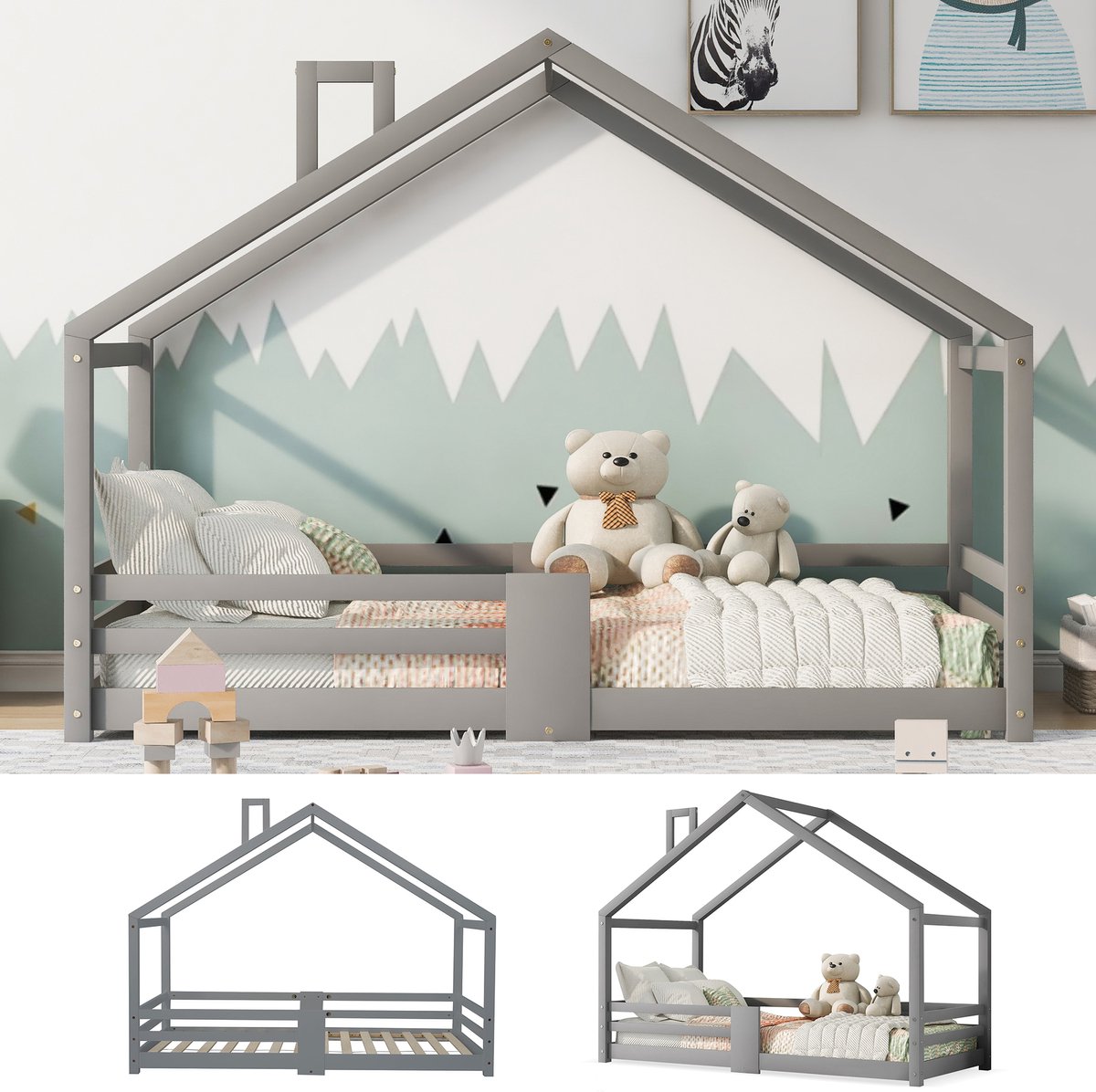 Grijs massief grenen hout kinderhuisbed voor slaapkamer 209×96×142.5CM