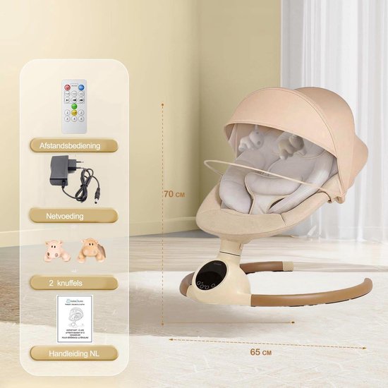 Elektrische Babyschommel - Babywip - Baby Kalmeren - Met Bewegingsmelder - Tot 9 kg - Beige — afbeelding 2