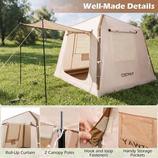 Opblaasbare tent - Opblaasbare glamping tent - Waterdicht - Tot 4 personen - Khaki - Camping - Tuin - Glamping - 210 x 210 x 180 cm — afbeelding 2