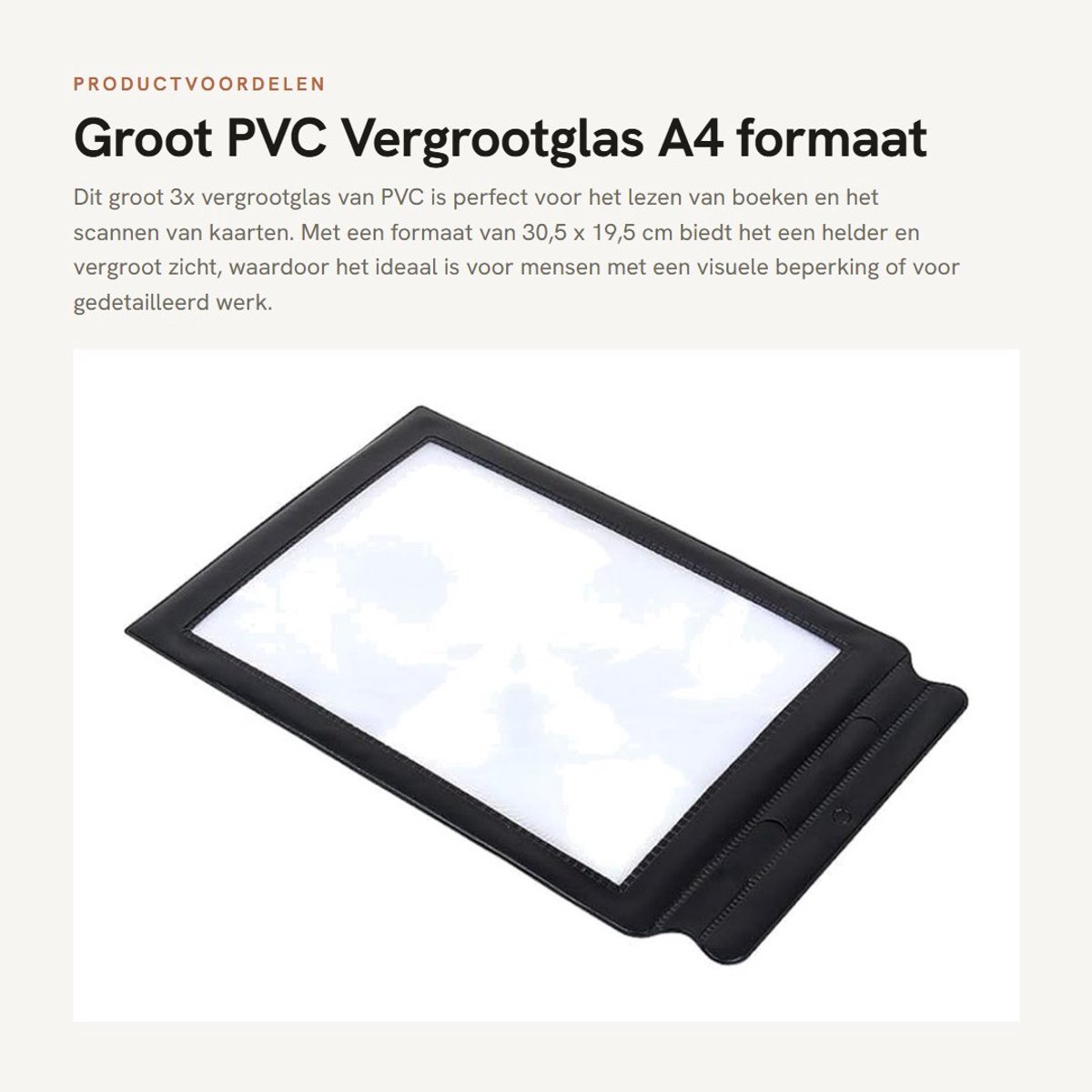 Dailygoods- Vergrootglas 3x Vergrooting - A4-formaat 30,5 x 19,5 cm - PVC-lens - Geschikt voor Lezen - Ideaal voor Scannen van Kaarten - Eenvoudig in Gebruik - Loep