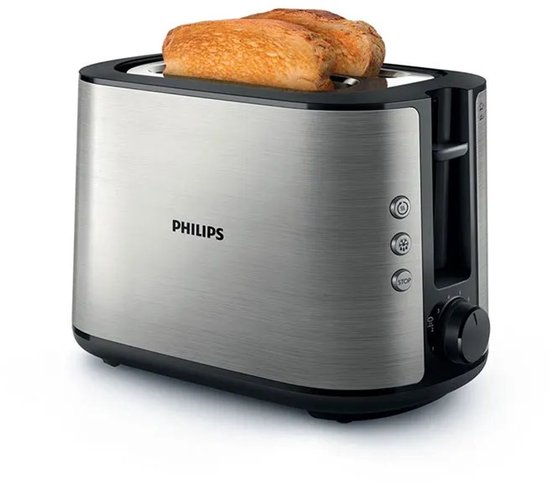 Grille-pain Philips argenté avec deux tranches de pain grillé.