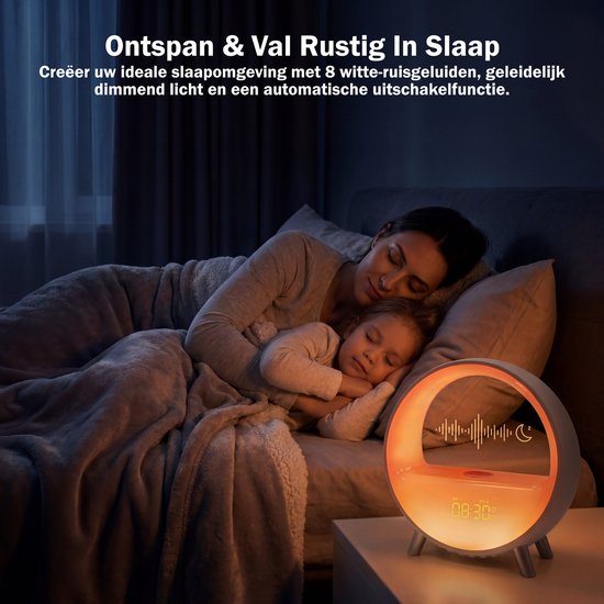 Inga® Smart Wake Up Light met zonsopgang simulatie, draadloos oplader, en bluetooth speaker| Automatische tijdinstelling | Wifi | Zet de toon met 9 omgevingssferen en 4 natuurlijke geluiden