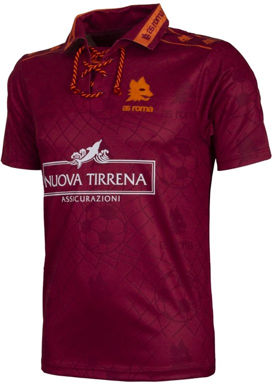 Bordeauxrood AS Roma retro shirt met oranje veters, clublogo en witte sponsorprint.