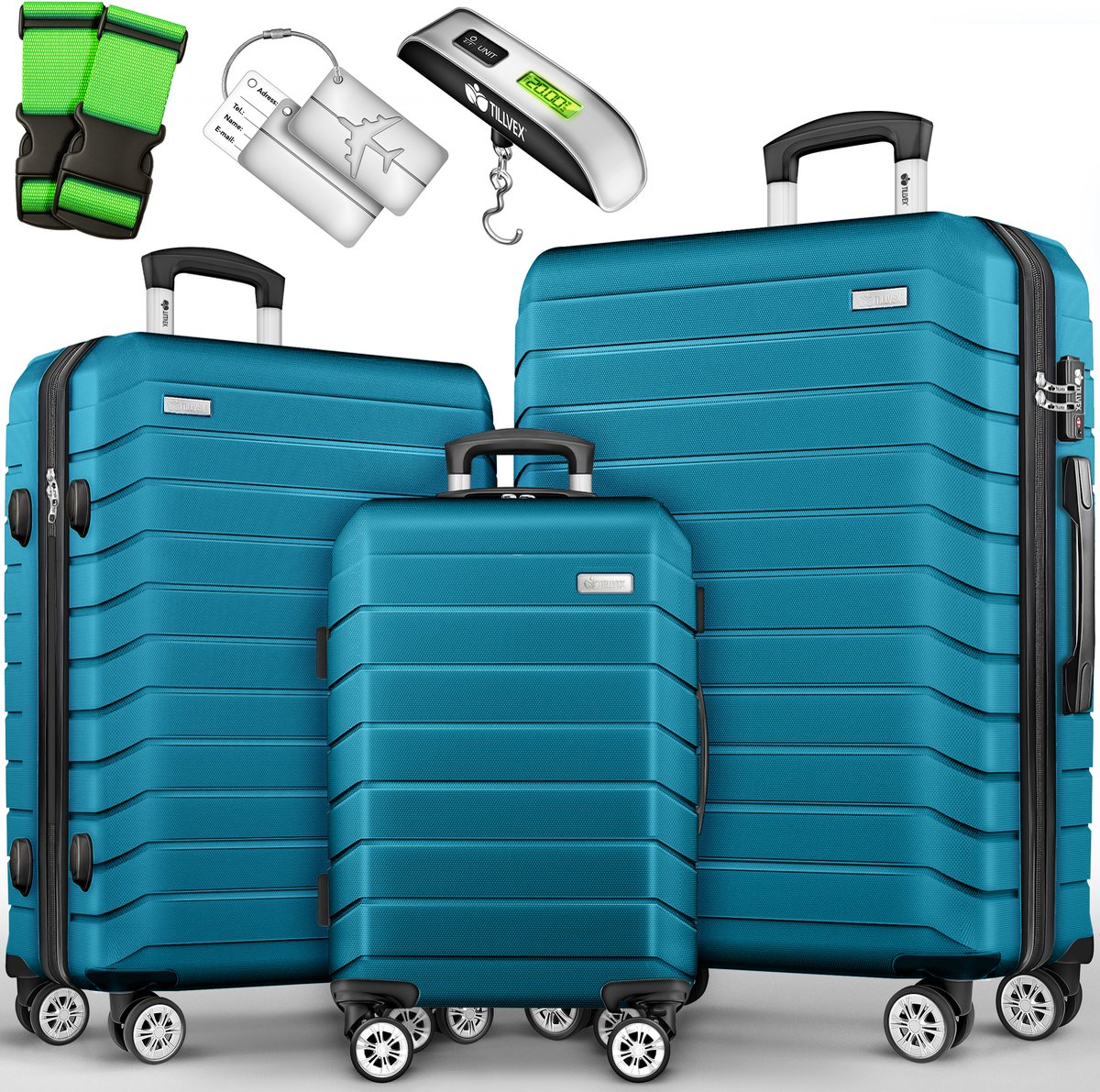 tillvex® reiskofferset 3-delig + bagageweegschaal, 6X kofferriemen & 3X kofferhangers | kofferset 4 wielen | trolley bagage koffer TSA slot | set koffer met harde schaal M-L-XL, lila, Kofferset 3tlg