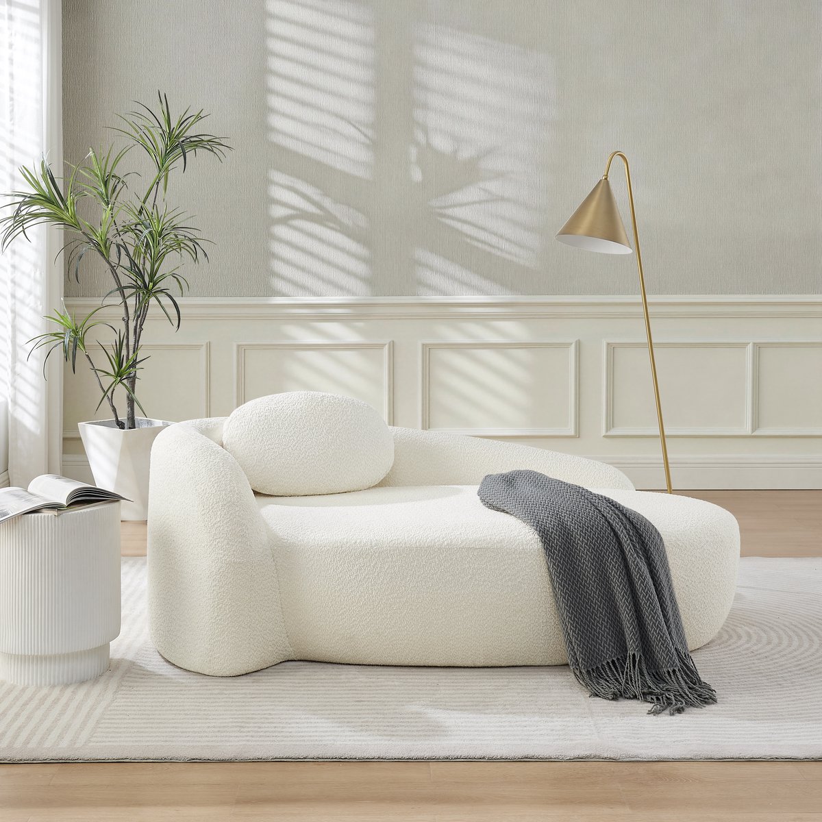 FloraGrace Zitbank 170 x 96 cm - 1-Zits Teddy Sofa Met Rond Design En Kussen - Compact Voor Woonkamer Slaapkamer Of Studio - Teddy - Beige
