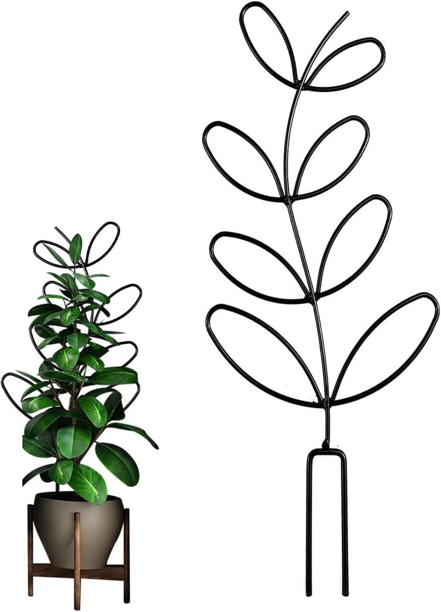 Stijlvolle plantstand van 32 cm voor klimplanten, met bladvormig ontwerp en zwarte coating, ideaal voor binnen en buitengebruik