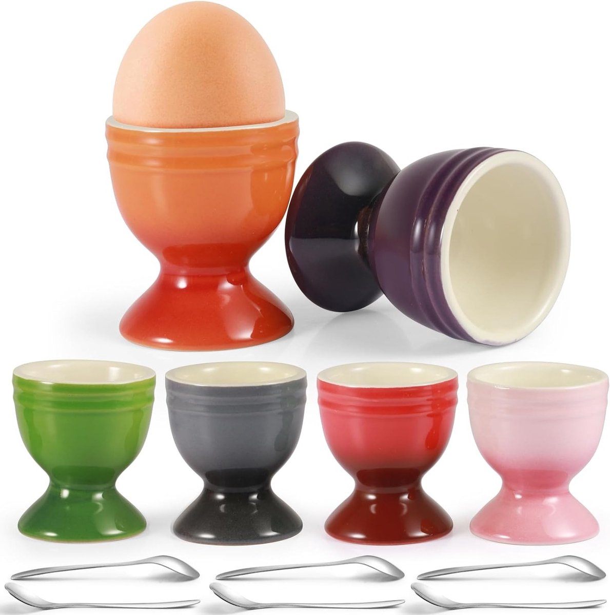 Set van 6 Kleurrijke Eierdopjes met Lepels voor Zacht en Hardgekookte Eieren, Ø 5cm x 6cm, Perfect voor Ontbijttafel en Vaatwasserbestendig