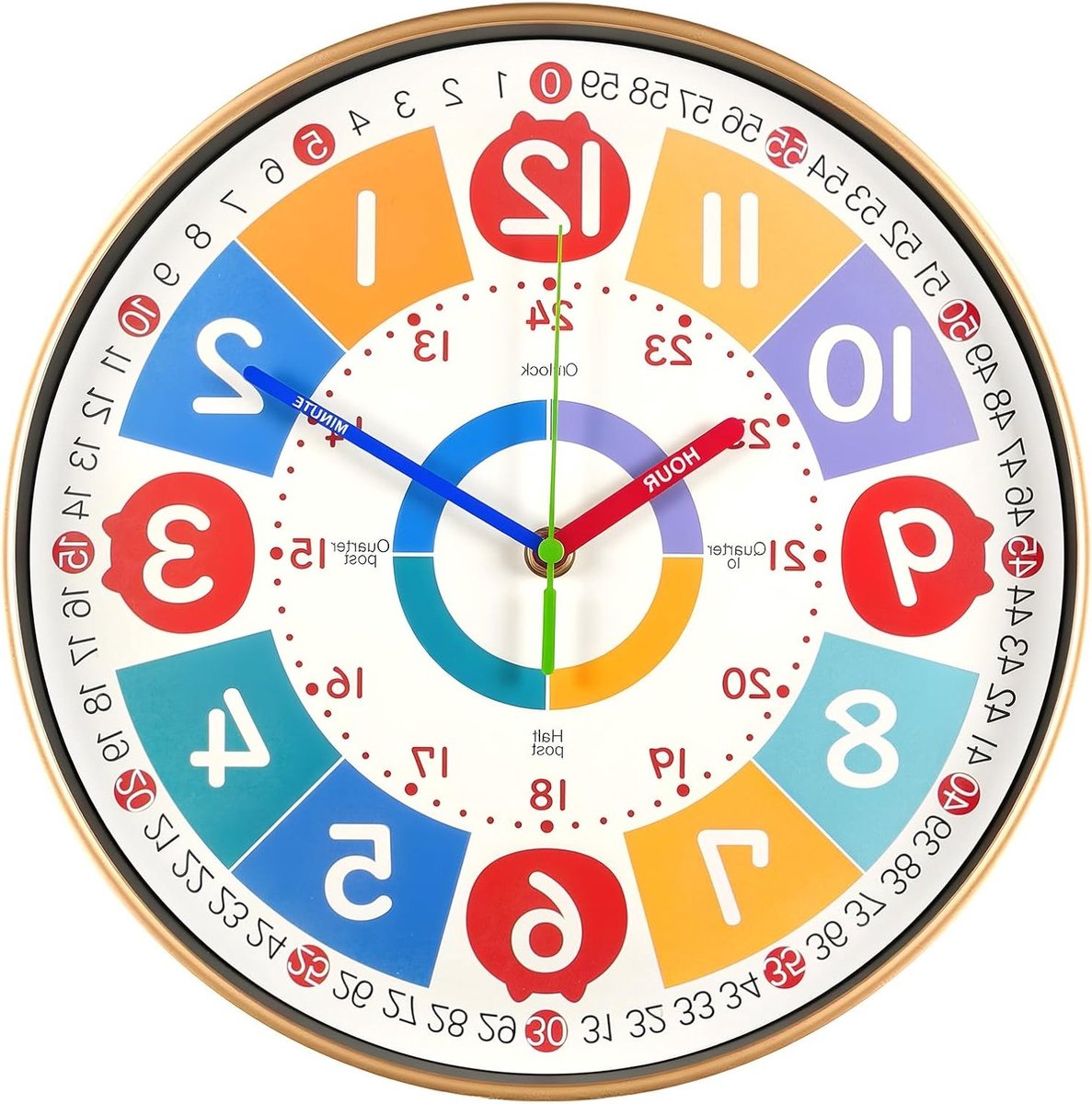 Kinderen Leerklok 30 cm, Stille Wandklok voor Onderwijs, Batterij Aangedreven, Eenvoudig Afleesbaar voor Kinderkamer, Tijd Leren, Non-Ticking Klok