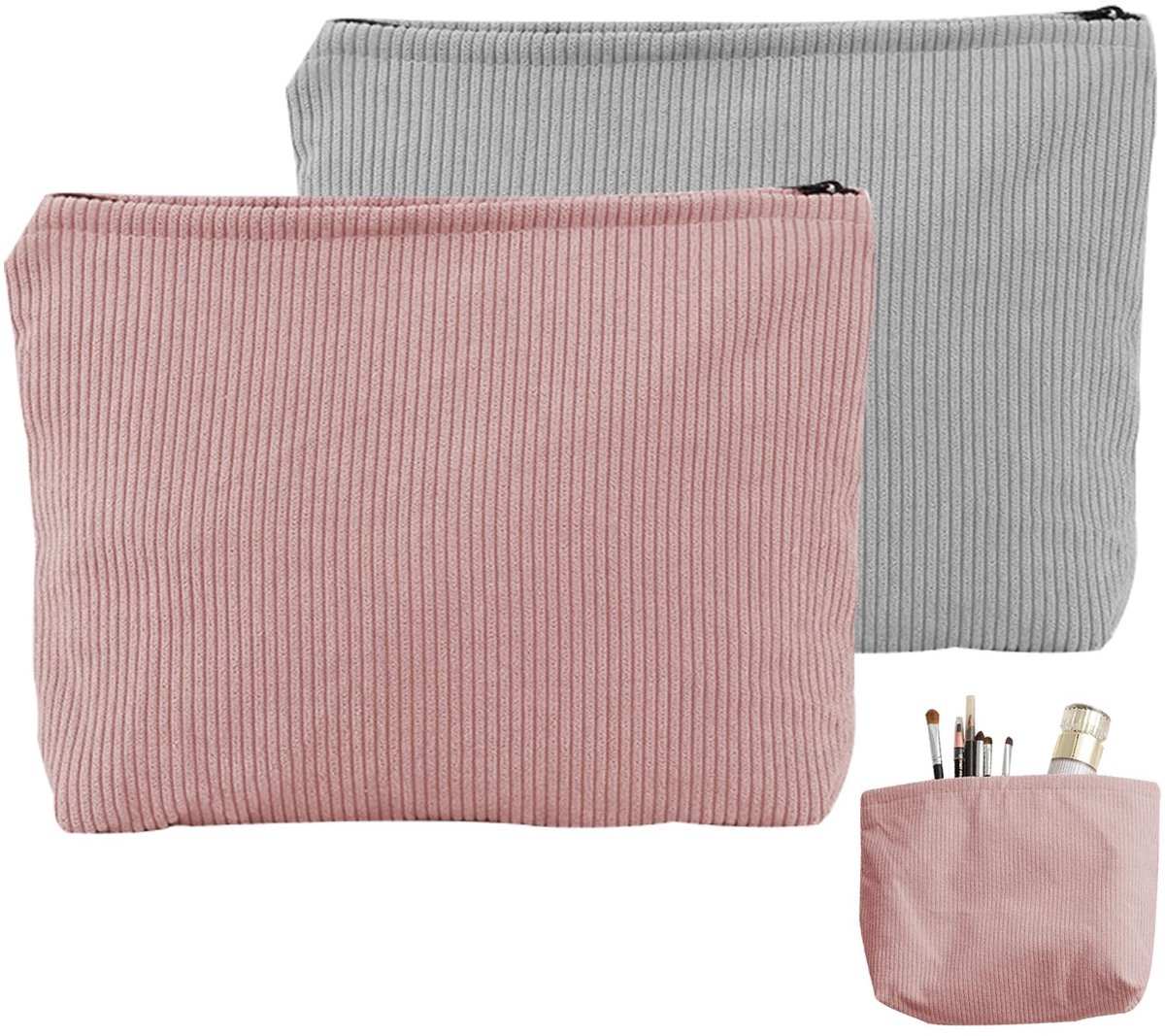 VLEMICO- Toilettas Dames - 2 Stuks - Draagbare Make-uptas - Cosmetica - Ritssluiting - Corduroy Fluweel - 27 x 19 cm - Cosmeticatas