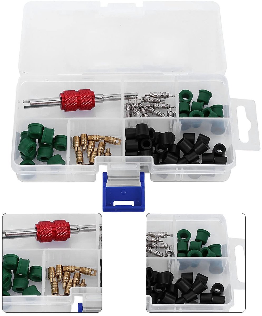 Dailygoods- Ventielkernen Set - 50 Stuks Ventielkernen - 10 Stuks Kleppen - A/C Oplaadslang Pakkingen - Slijtvast en Corrosiebestendig - Assortiment Gereedschap - Airconditioningkit