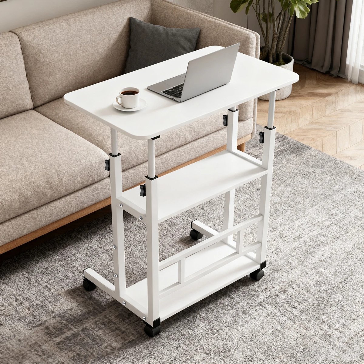 Dailygoods Bijzettafel, in hoogte verstelbaar computerbureau met zwenkwielen, 3 planken, staand bureau voor slaapkamer,