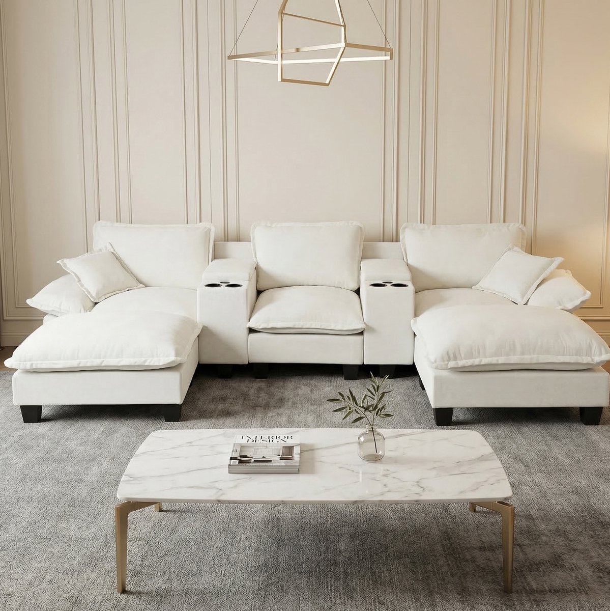OKWISH U-Bank 323 x 151 cm - Met Opbergruimte, Usb-Aansluiting En Bekerhouders - Voor Woonkamer - Chenille - Beige