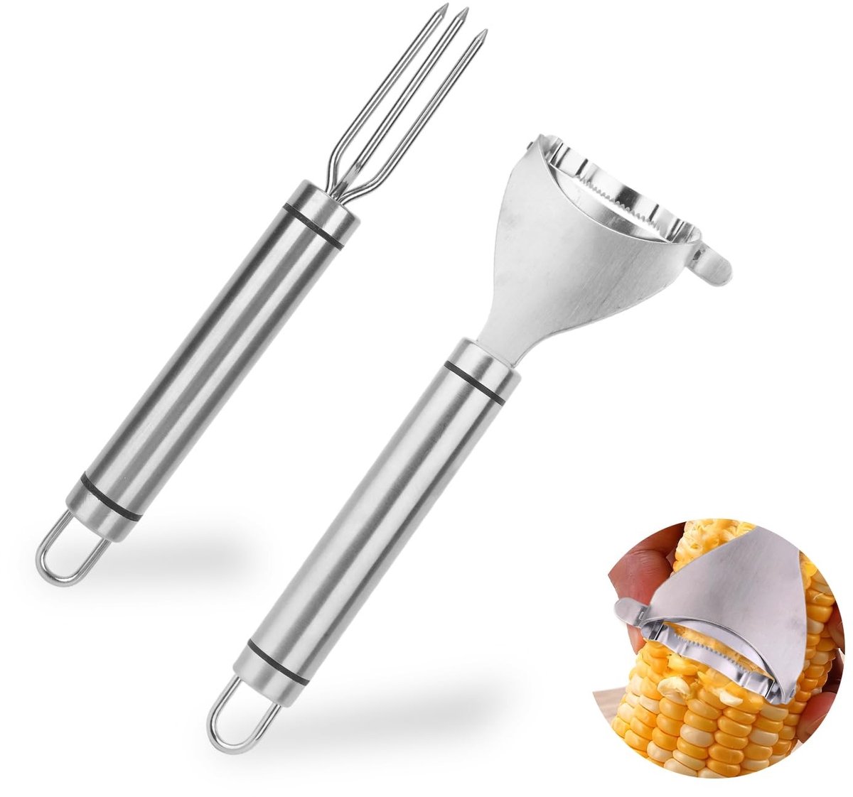 JHUBERS- Maïskolf Stripper Set - Roestvrij Staal - Maïsvork - Efficiënt Keukengereedschap - 2 Stuks - 18,7x6cm / 18,2x6,5cm - Maïsschiller