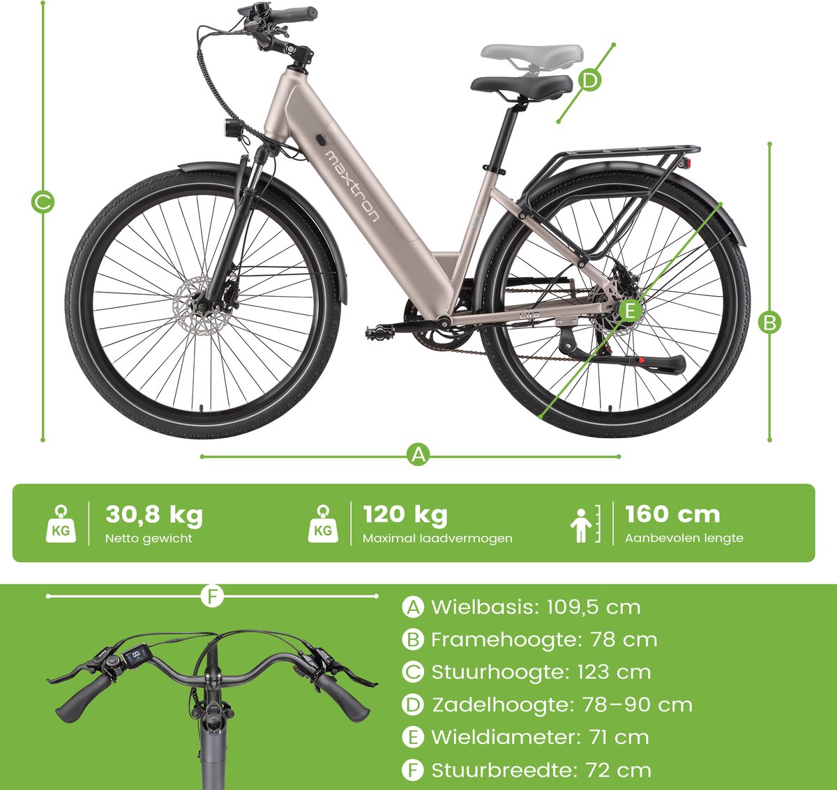 Maxtron Lira Elektrische Fiets - Actieradius tot 140 km - 720Wh Accu met Grote Capaciteit - 28 x 2.0 Inch Banden - Hydraulische Schijfremmen - Shimano 7 Versnellingen - 250W Motor - Met Achterlicht - Max. Belastbaar 120 kg - Goud thumbnail 8