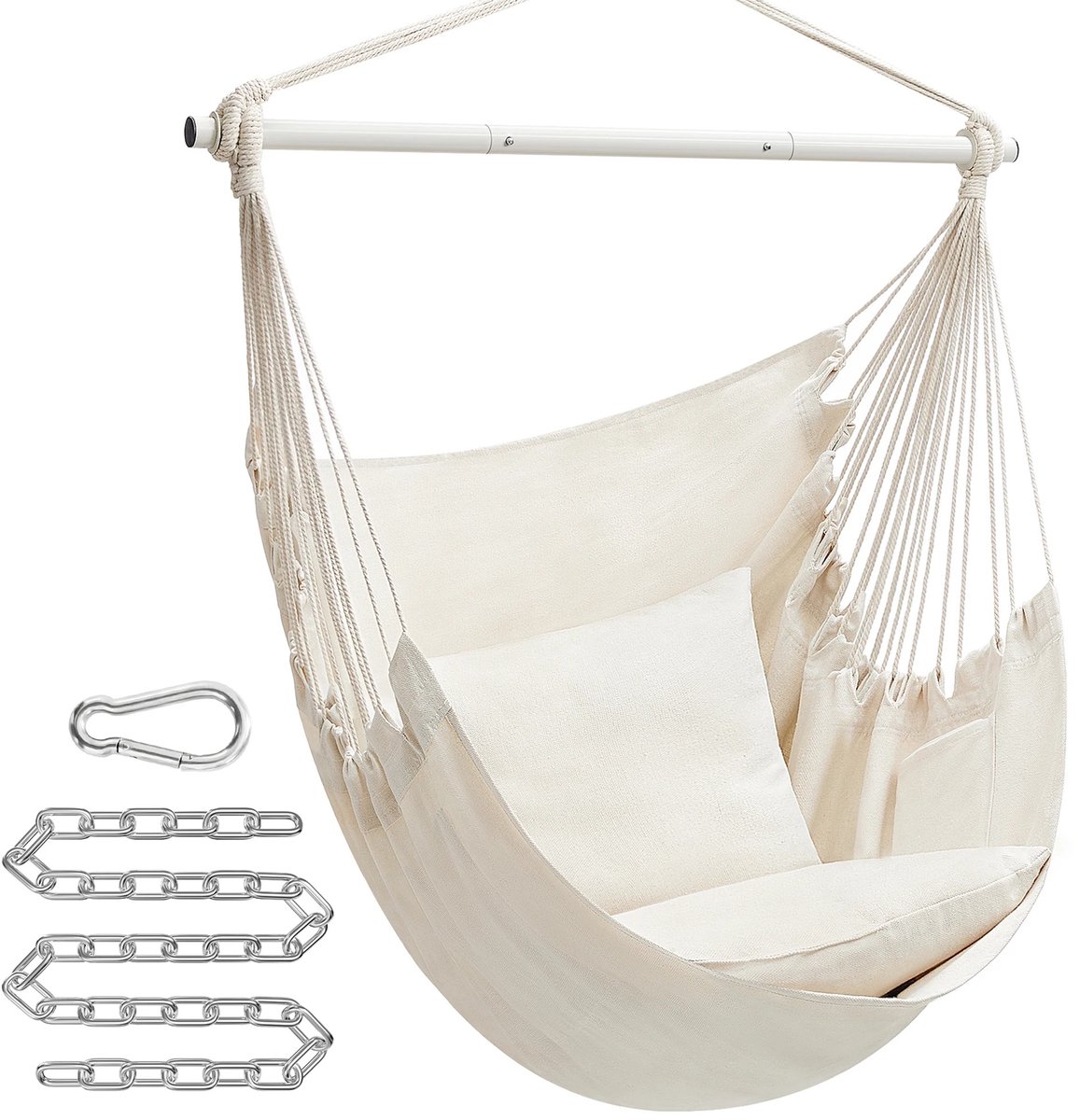 Hangstoel - uJOY - Inclusief 2 zachte kussens - 2 handige zijvakken - Maximaal draagvermogen van 150 kg - Boho-design - Crèmewit