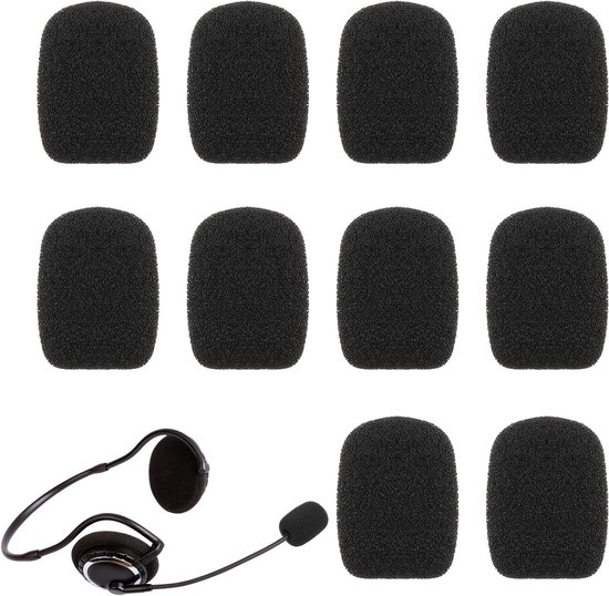 Acht zwarte schuim covers voor microfoons, plus een headset met microfoon.