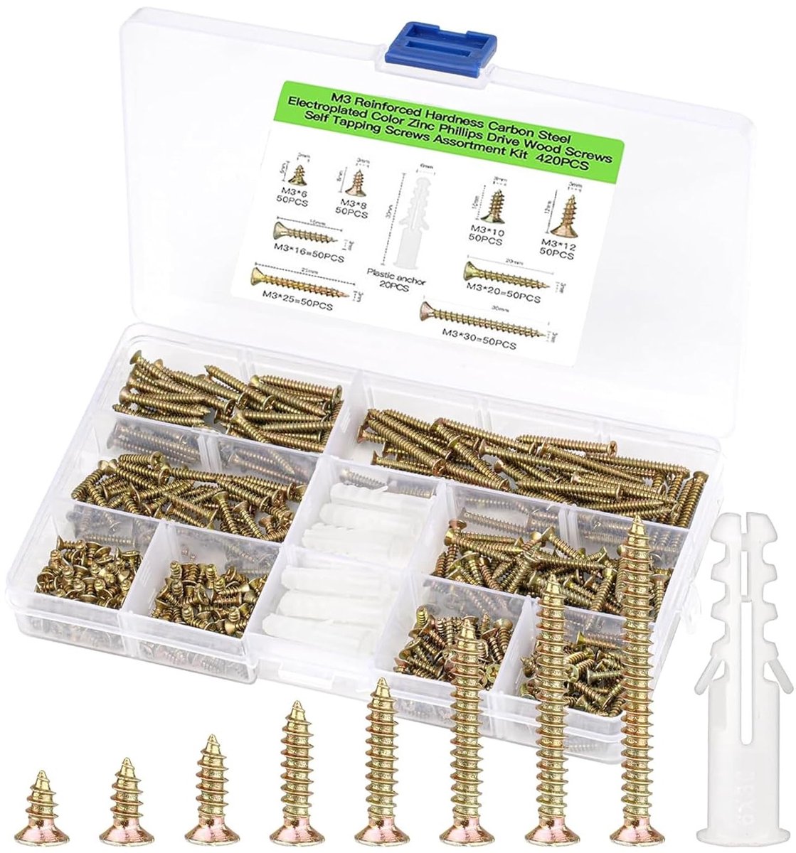 VVGoods - Schroevenset met 420 stuks, 6-30 mm, houtschroeven, deeldraad, zelftappende M3 platkopschroeven - ideaal voor doe-het-zelf-projecten en reparaties.
