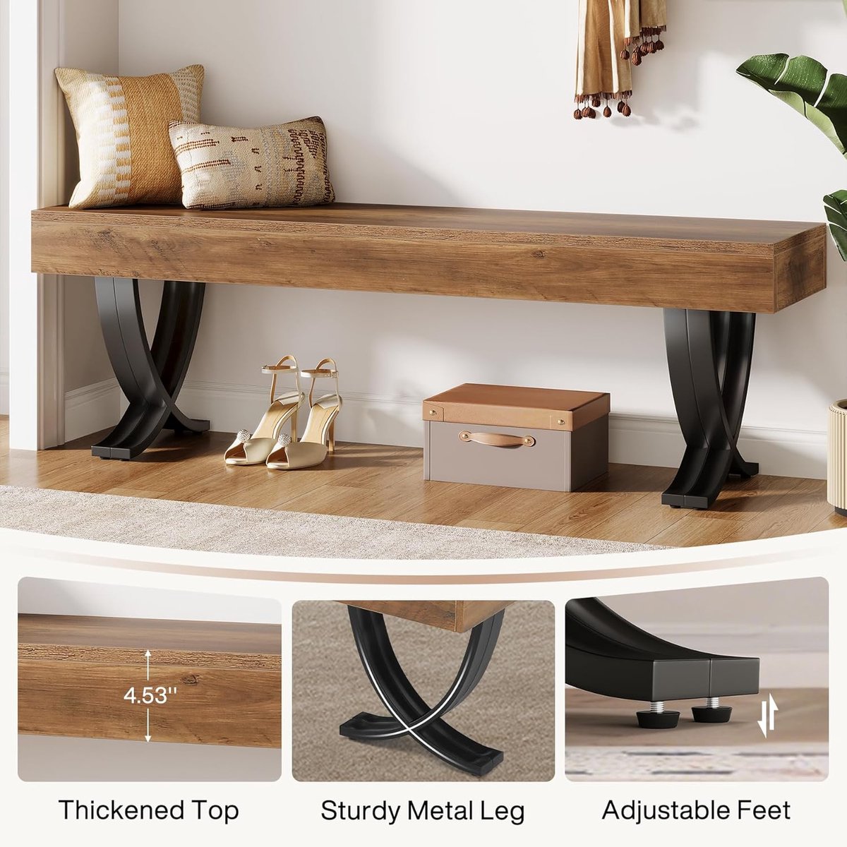 Schoenenbank 140 cm Industrieel Opbergbankje – House&Garden ‘Rustic X-Frame Entry Bench’ – Houten Zitbank met Zwarte X-Metalen Poten – Garderobebank, Halbank, Bankje voor Gang, Slaapkamer & Woonkamer