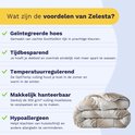 Een dekbed met bruine palmbladeren. "Tijd besparend" en "Temperatuurregulerend" wordt vermeld.