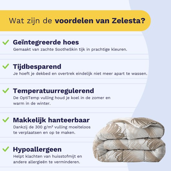 Een dekbed met bruine palmbladeren. "Tijd besparend" en "Temperatuurregulerend" wordt vermeld.