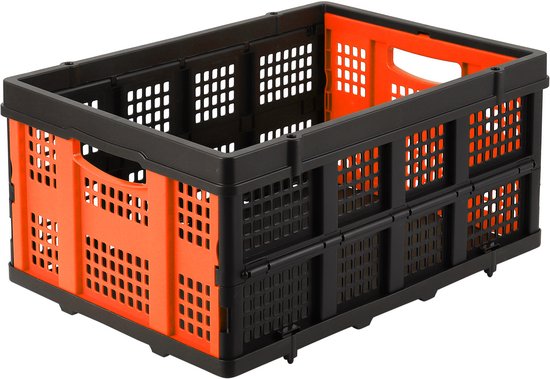 Oranje en zwarte opvouwbare krat op witte achtergrond.