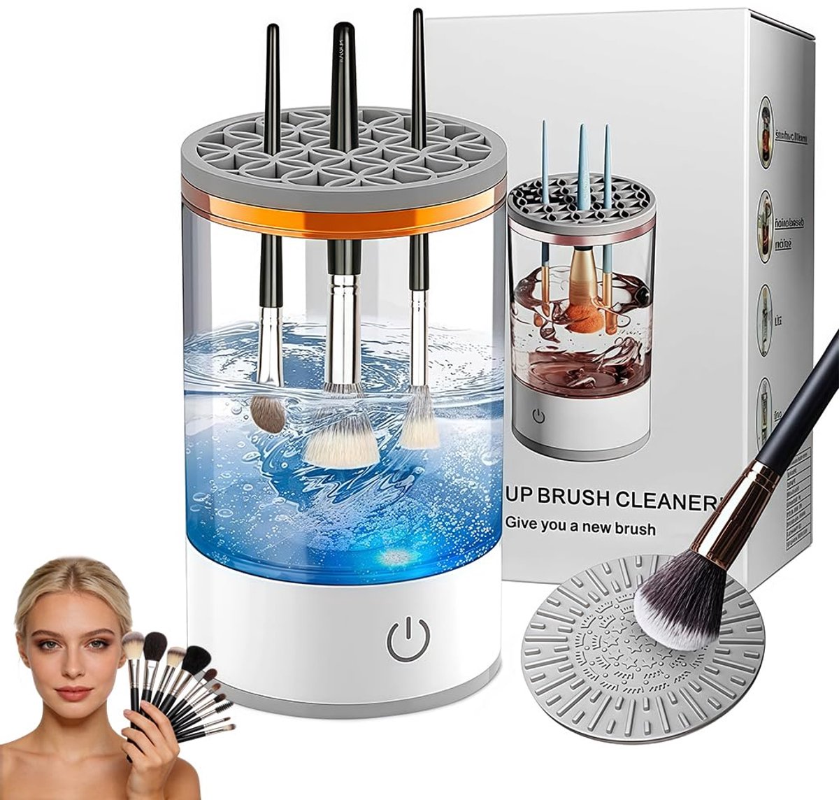 Elektrische make-Make-upborstelreiniger-3-in-1 elektrische make-upborstelreiniger - Automatische elektrische make-upborstelreiniger - Reinigingsapparaat - Cosmetische borstelreiniger -Make-upkwasten niet inbegrepen- Wit - 8,8 x 8,8 x 15,7 cm