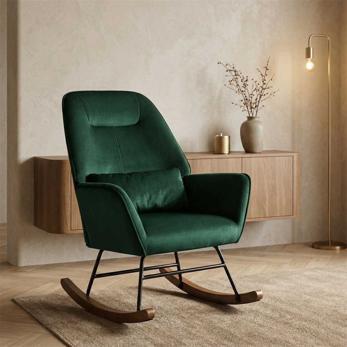 HomeMiYN Schommelstoel – Donkergroen – Fluweel Velvet Relaxstoel – Moderne Voedingsstoel met Armleuningen – Max 130 kg – Ergonomische Rugleuning – Rubberhouten Poten – Voor Woonkamer & Slaapkamer