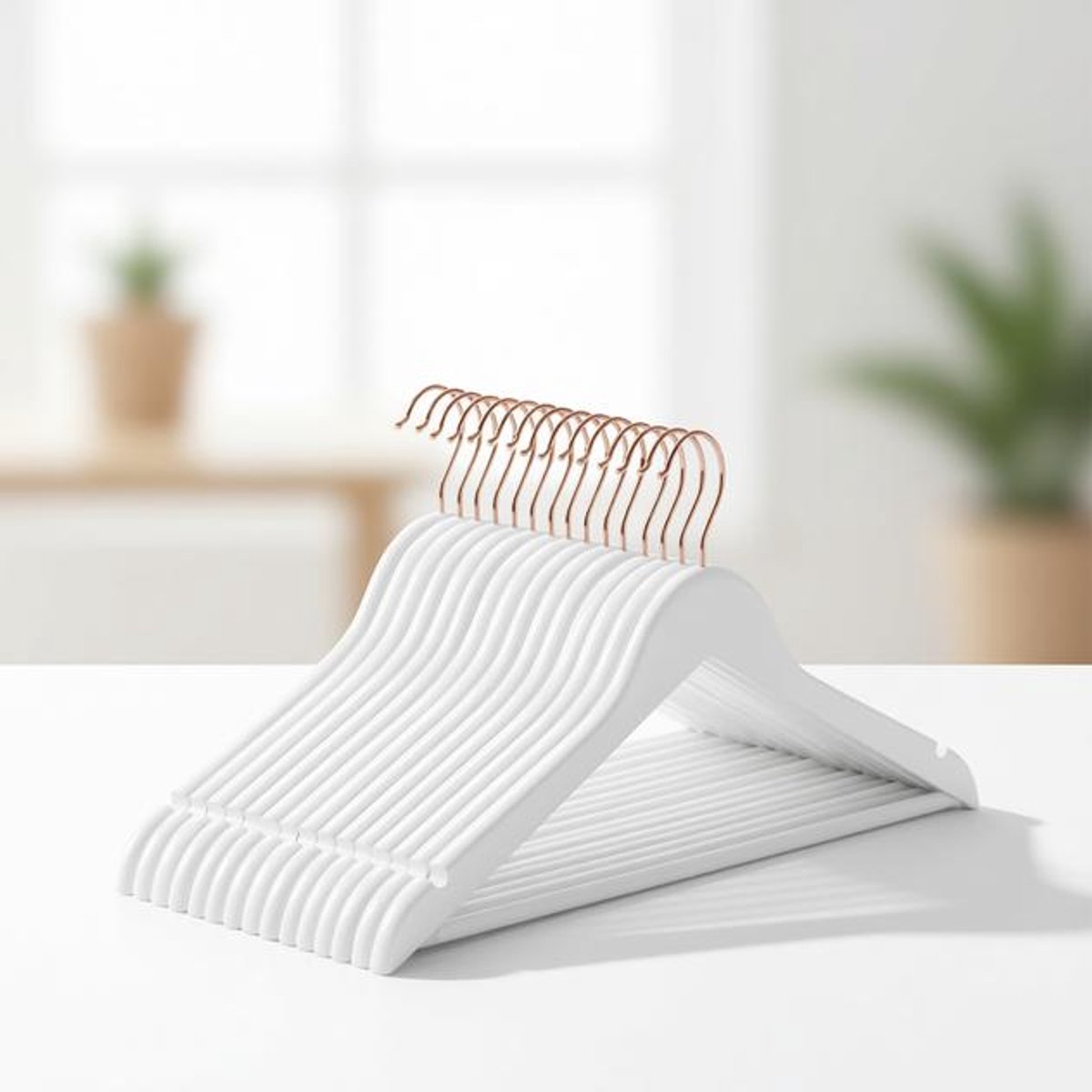 ElleMooi Kleerhangers van massief hout, set van 40 - wit met roségoud - antislip broekstang, 360° draaibare haak, voor overhemden, pakken en jassen