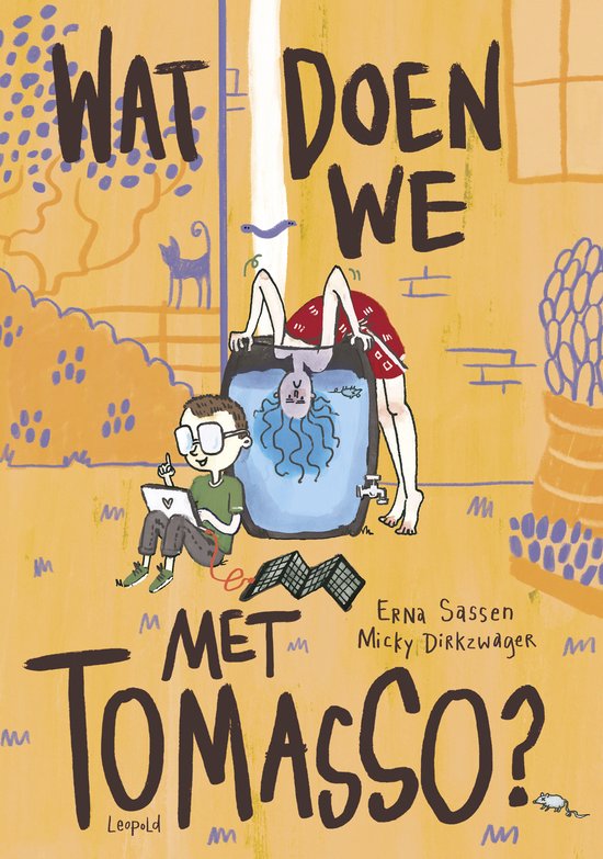 Boekomslag 'Wat doen we met Tomasso?' met illustraties van een jongen met laptop, een meisje dat op een watertank balanceert, katten en tekst.
