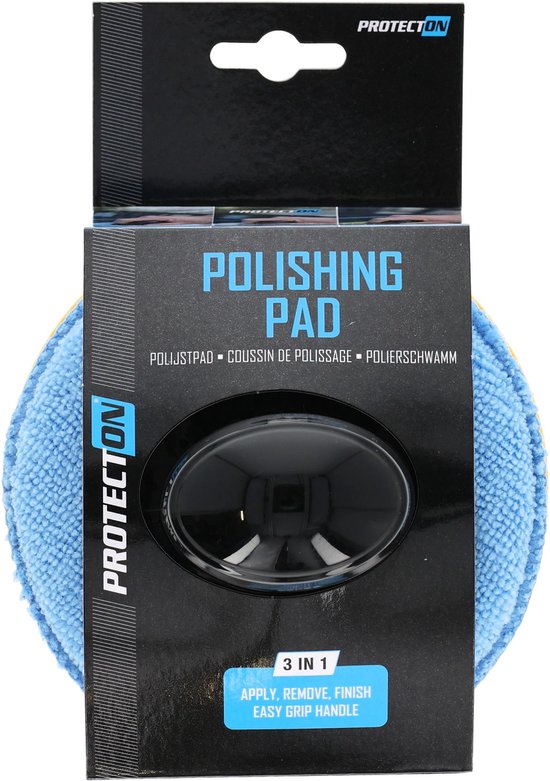 Verpakking van een Protecton polijstpad met blauwe microvezel pad, gele spons en witte pad.