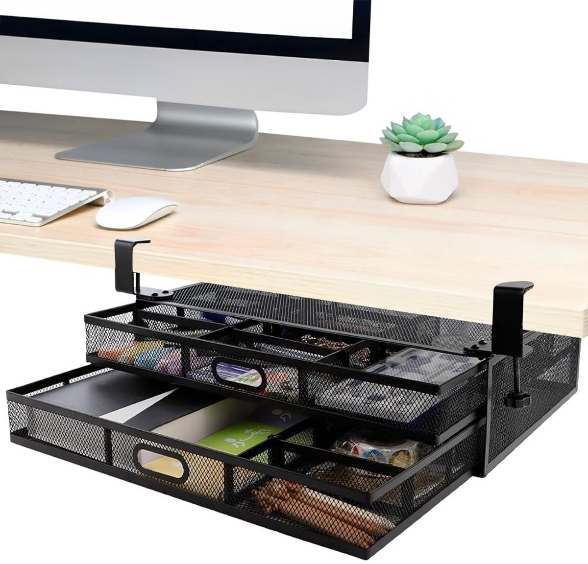 Dailygoods- Onderkastlade met 2 lades - Bureau Organizer - Onderkast Organizer - Zwart - Roestvrij Staal - 44 x 30 x 11 cm - Voor kantoor en keuken - Bureauorganizer