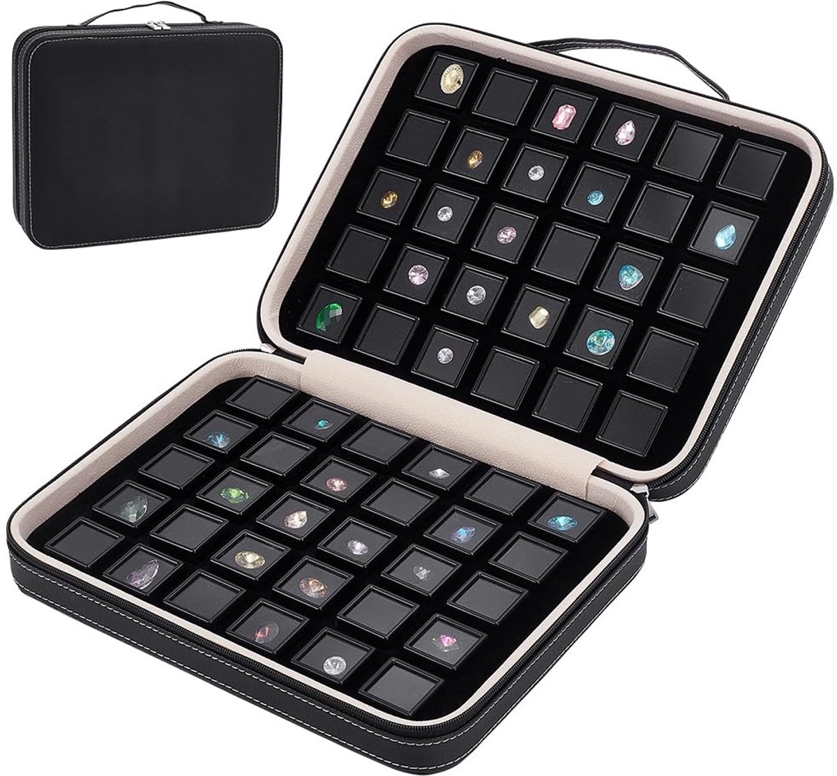 Dailygoods- Edelstenen Displaydoos 60 Vakjes - Diamanten Opbergdoos - Sieradenorganizer - PU-Leer - Plastic - Sponsbescherming - Sieradenopbergdoos