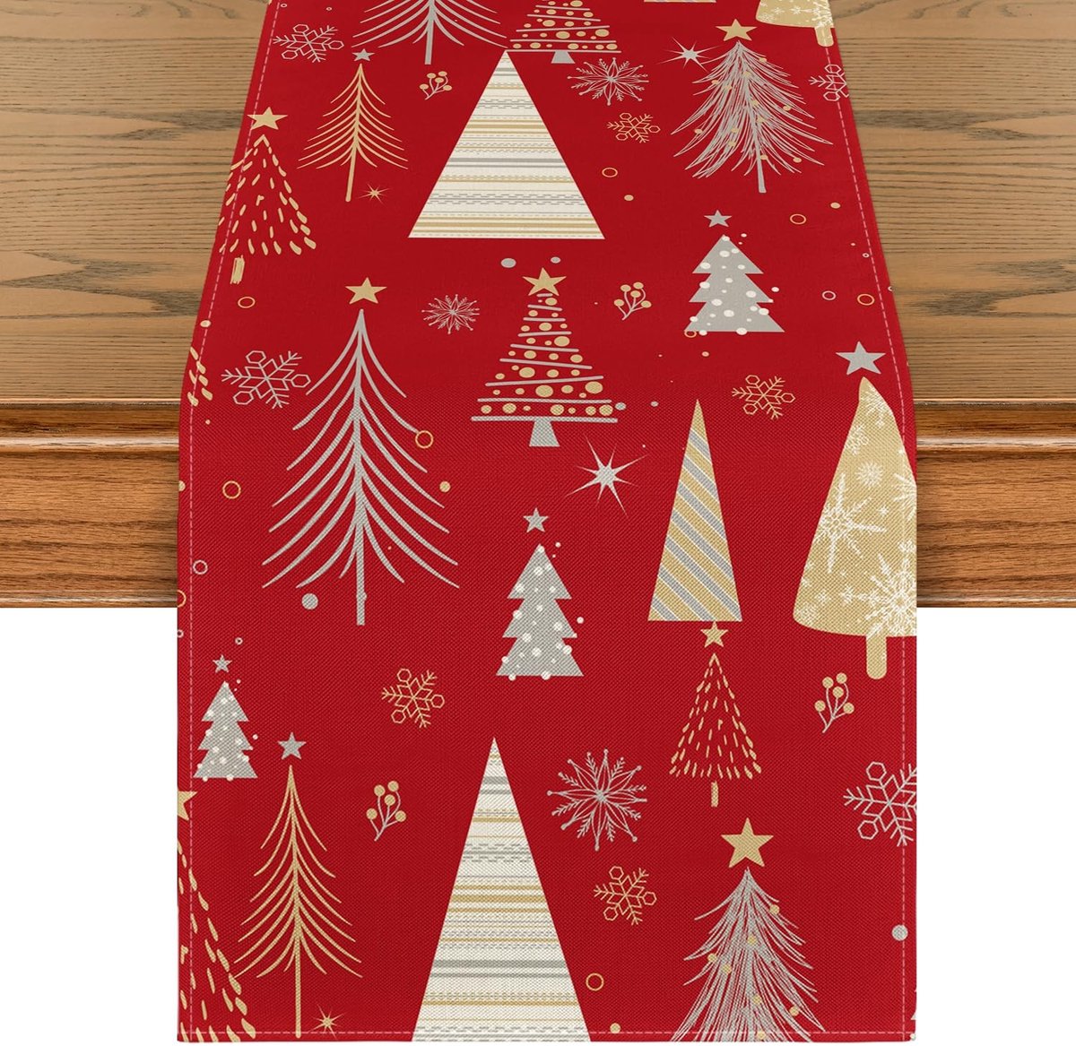 Dailygoods - Tafelloper Rood met Bomen en Sterren voor Kerstdecoratie 40x140cm