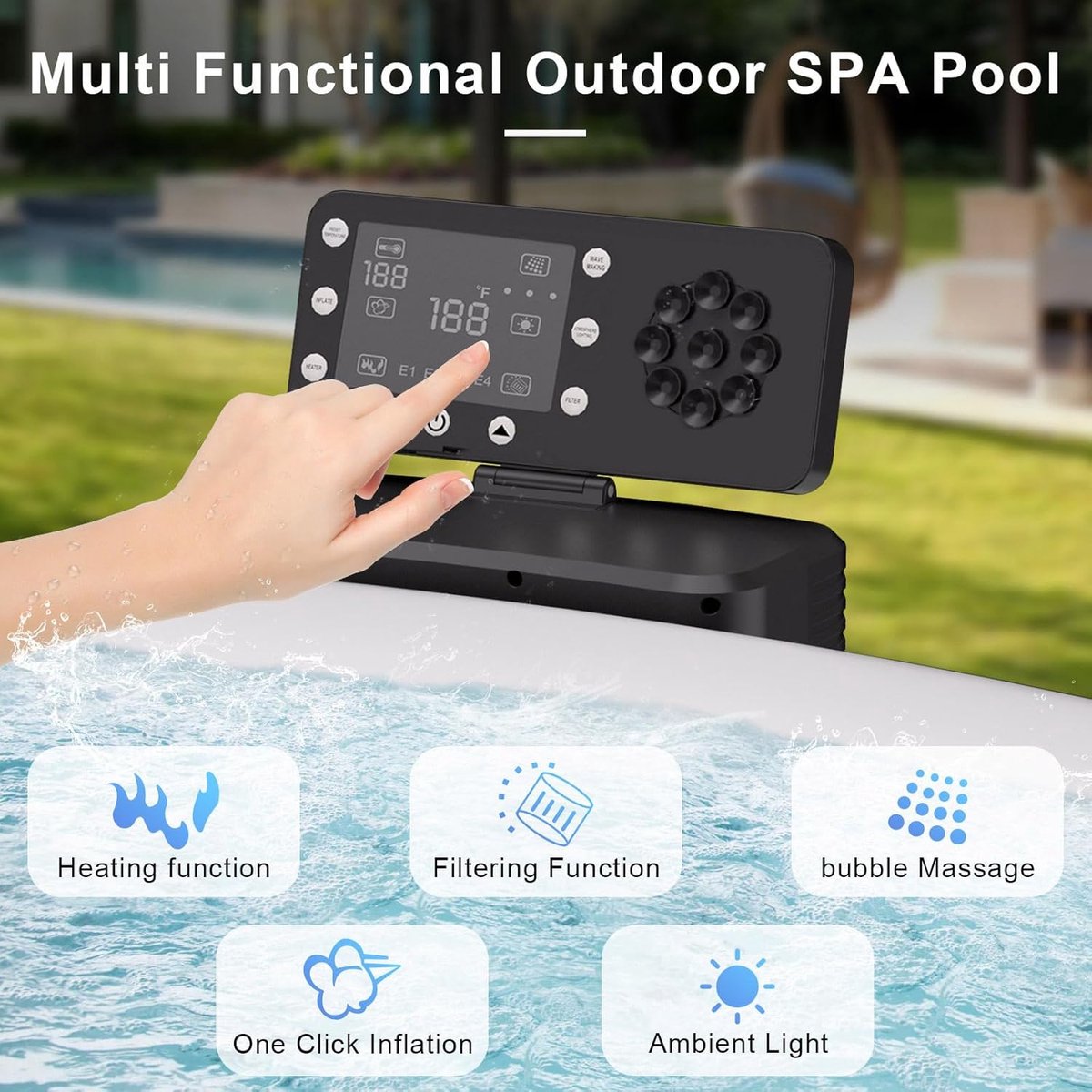 Opblaasbare whirlpool jacuzzi 4–6 personen 180x180 cm – House&Garden luxe outdoor spa met 180 luchtjets, LED sfeerverlichting, digitale bediening, verwarming tot 40°C, zelfopblaasbaar systeem, isolerende afdekking & dubbele filterpomp