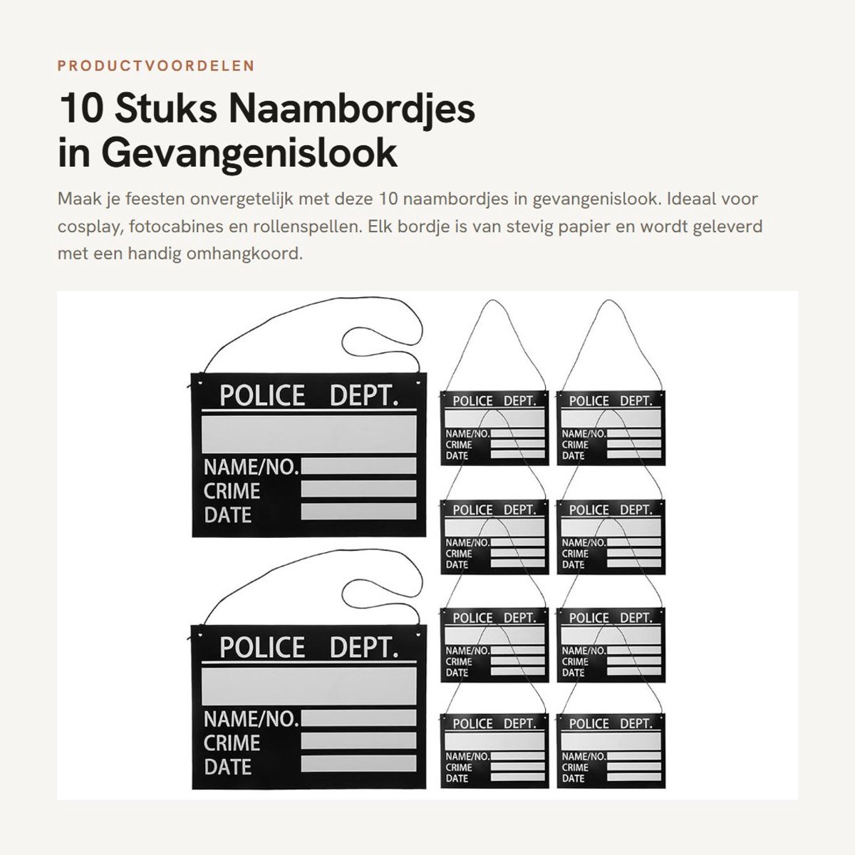 Dailygoods- Naambordjes 10 stuks - Papieren Foto-rekwisieten - Gevangenislook - Cosplay - Interactieve Party-ervaring - Robuust en Duurzaam - Naamplaatjes