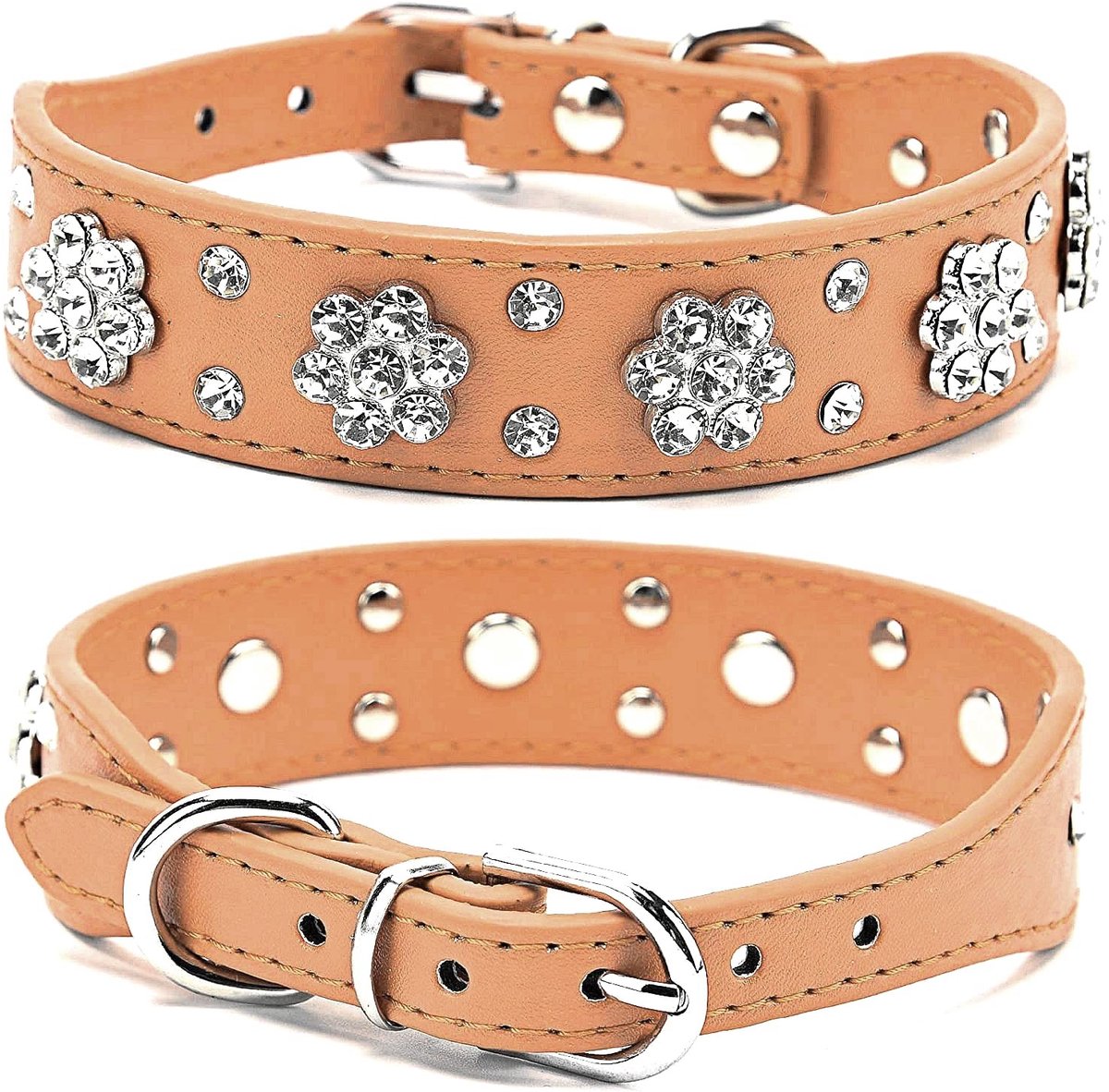 Dailygoods- Halsband Bling - Verstelbaar - Faux Leer - Kristallen Strass - Maat S/M/L - Breedte 2,5 cm - Totale Lengte 31/38/43 cm - Hondhalsband