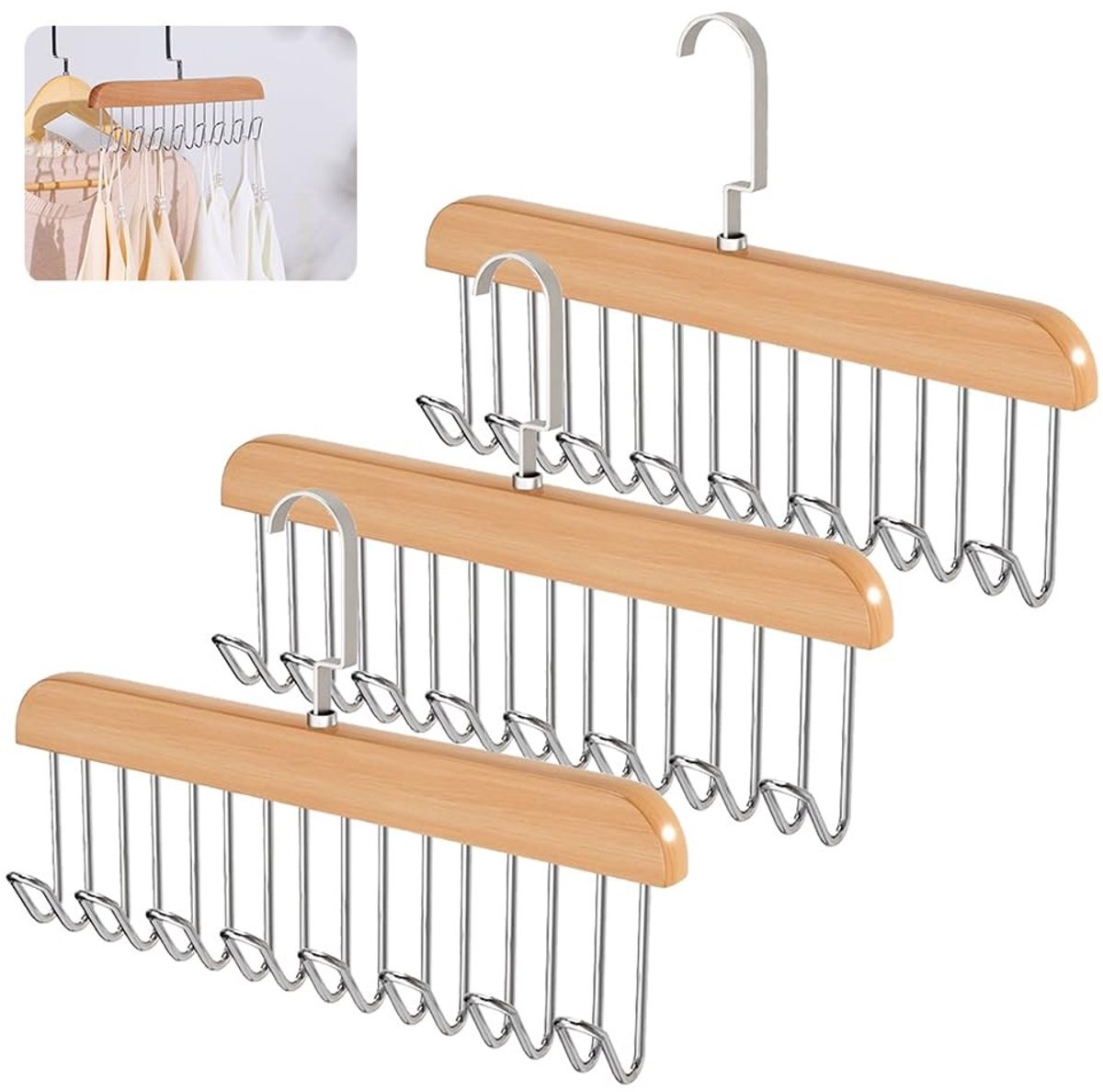 Dailygoods- Riemhouder 28 cm - Houten Kleerhanger - Draaibare Stropdashouder - 8 Haken - Ruimtebesparend - Sterk en duurzaam
