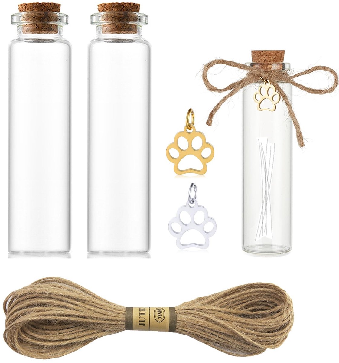 Dailygoods- Herdenkingsfles 2 stuks - Dierenhaar/As - Medaillon - Pootafdrukhanger - Glazen Flesjes - 8 x 2,2 cm - Aandenkenfles