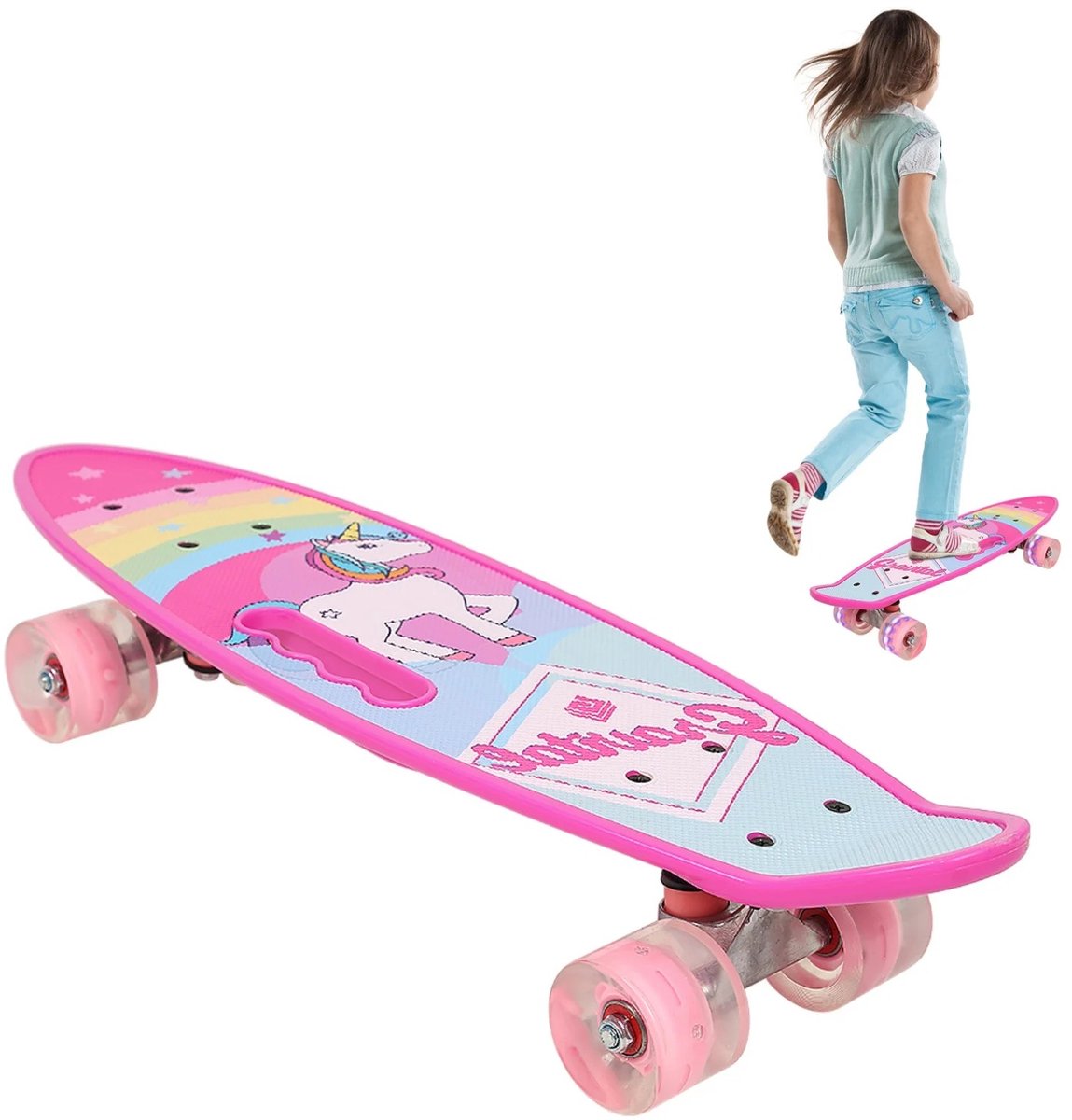 Dailygoods Skateboard met eenhoornpatroon, 59 x 15 cm, lichtgevende wielen, draagvermogen 150 kg, kinderskateboard, roze