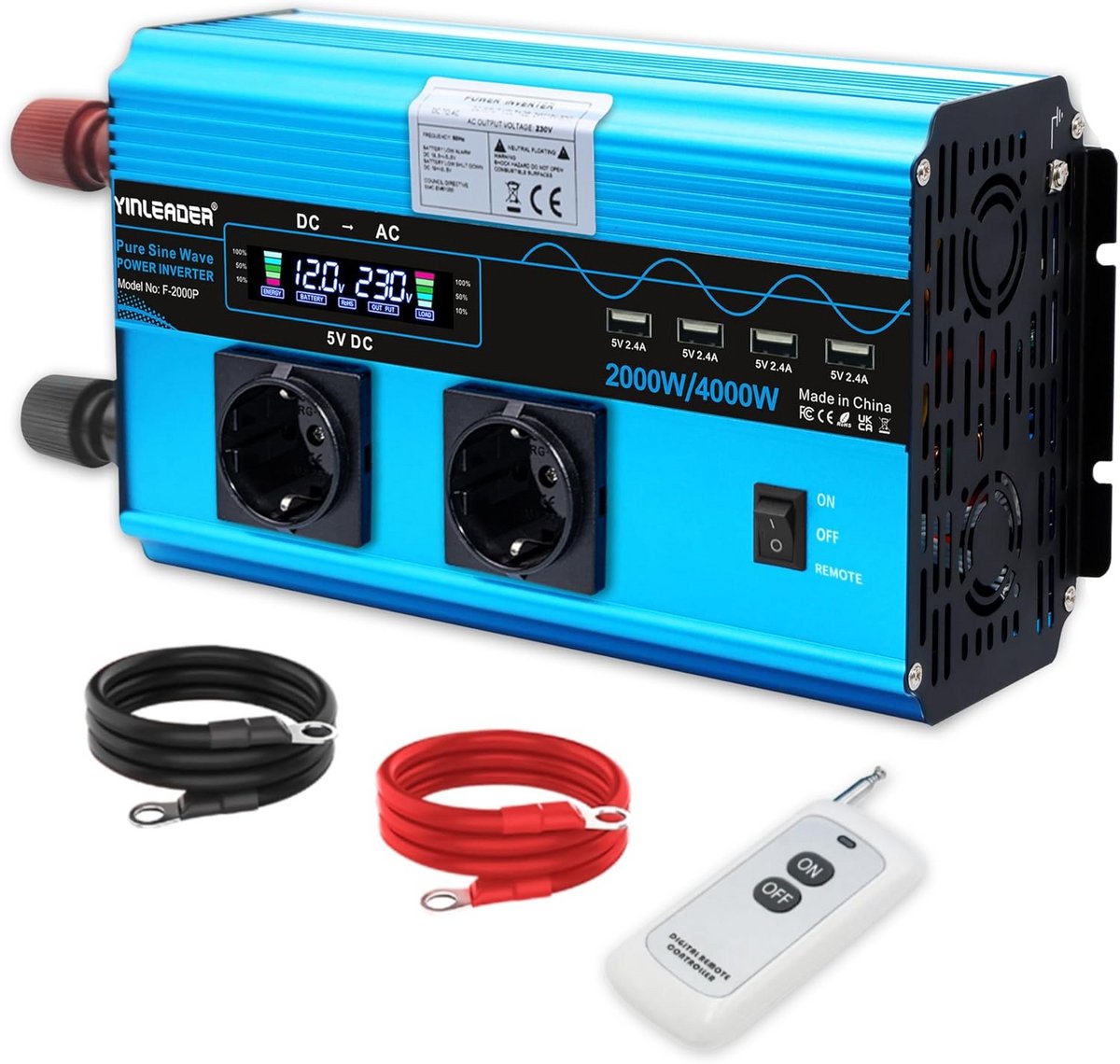 Zuivere Sinus Omvormer 2000W/4000W Spanningsomvormer 12V naar 230V met USB-Poorten