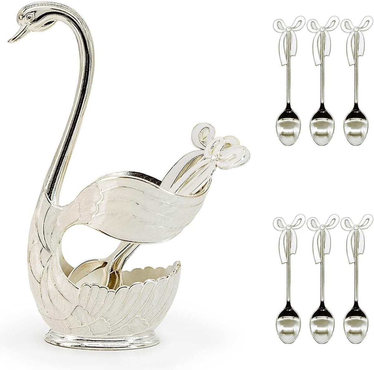 Dailygoods- Koffielepel Set - 6-delige Spatelset - Lepelsteun - Decoratieve Zwanenhouder - Roestvrij Staal - Multifunctioneel Gebruik - Lepelset