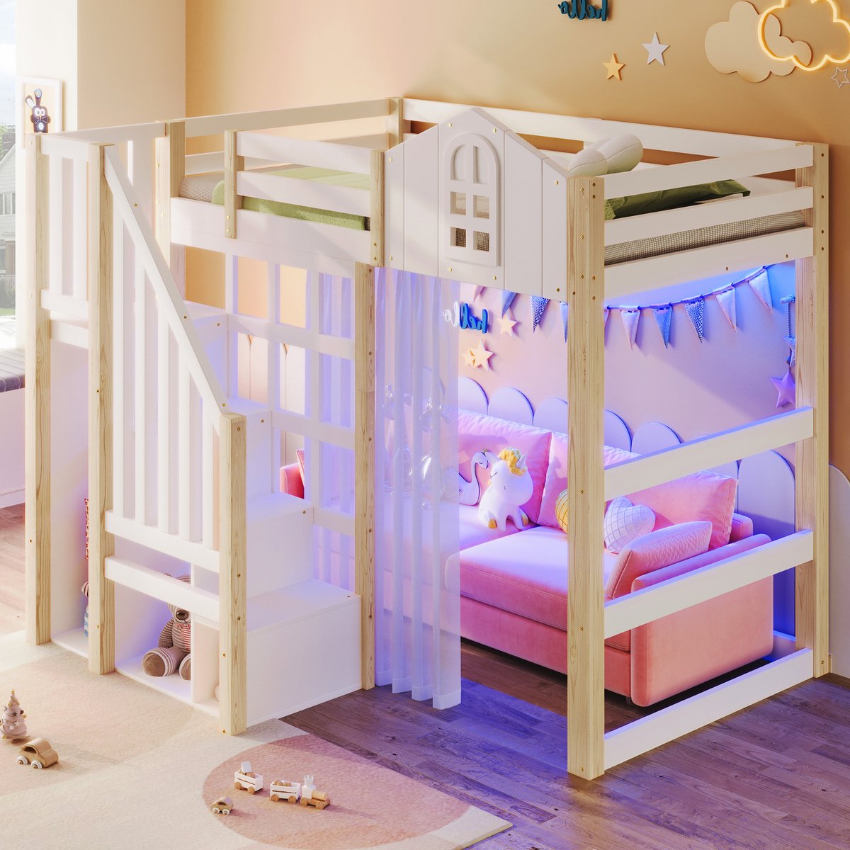 DESMIU Huisbed 90x200cm – Sfeerverlichting En Speelhuis-Design – Opbergtrap Met Open Vak – Kinderkamer En Speelhoek – Grenenhout Met MDF – Wit Naturel – Zonder Matras