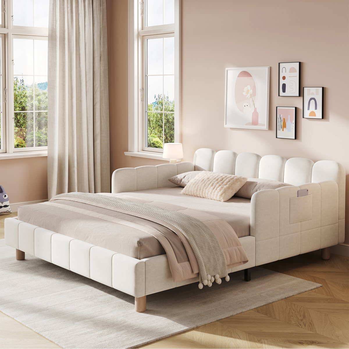 DESMIU Gestoffeerd Kinderbed 140x190 Cm – Bed Met Ergonomisch Hoofdbord En Veiligheidsrand – Opbergruimte In Armleuningen – Kinderslaapkamer – Fluweel – Beige Zonder Matras