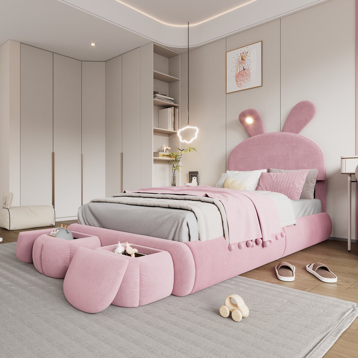 DESMIU Gestoffeerd Bed 90x200 cm – Konijnenoren met Verstelbaar Ledlicht – Verstelbaar Hoofdbord en 2 Opbergpoefs – Kinderkamer – Fluweel – Roze – Zonder Matras