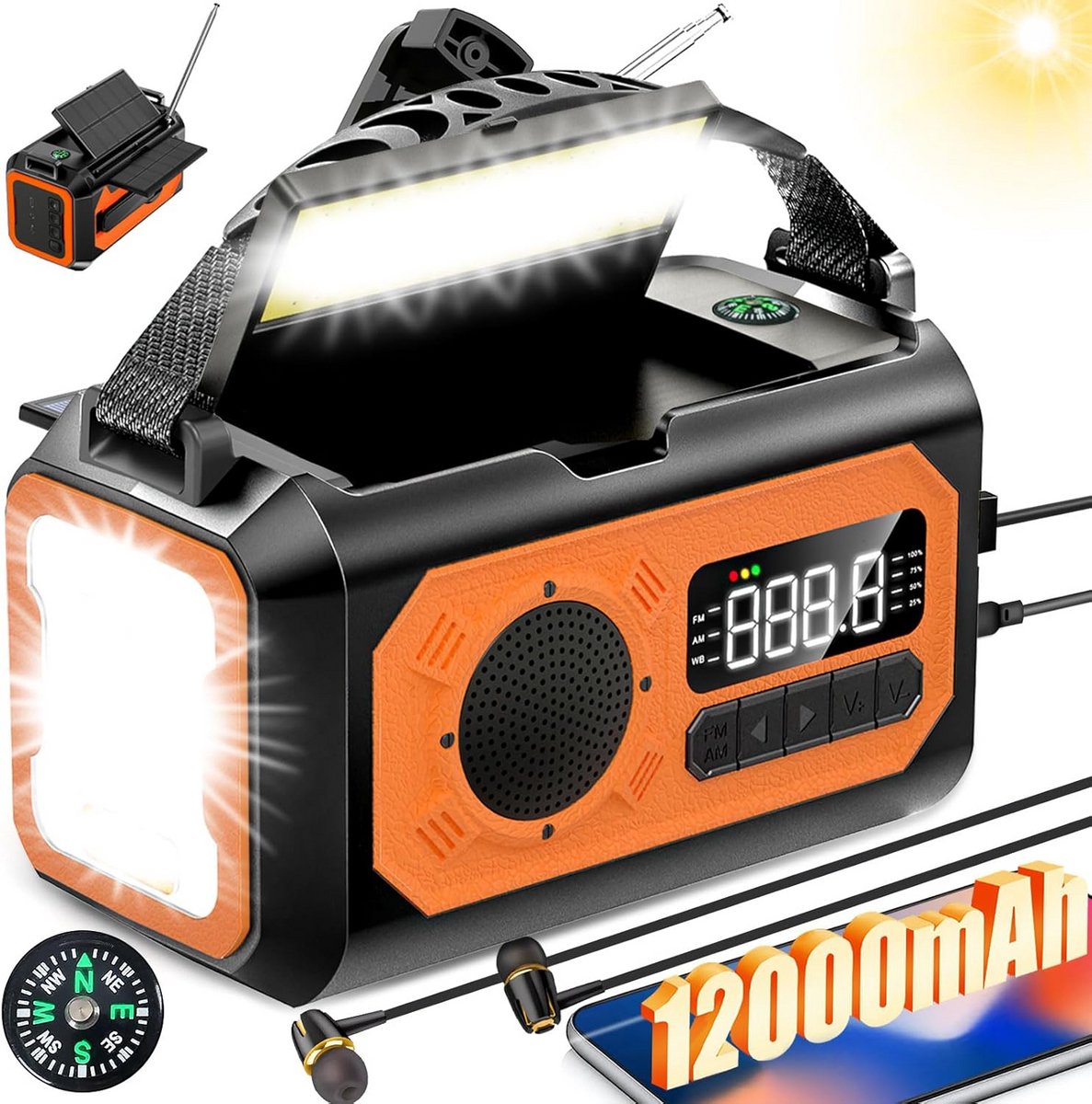 Noodradio Draagbaar - Zonne-radio - Noodsituaties - 12000mAh Batterij - 12000mAh - Zwart