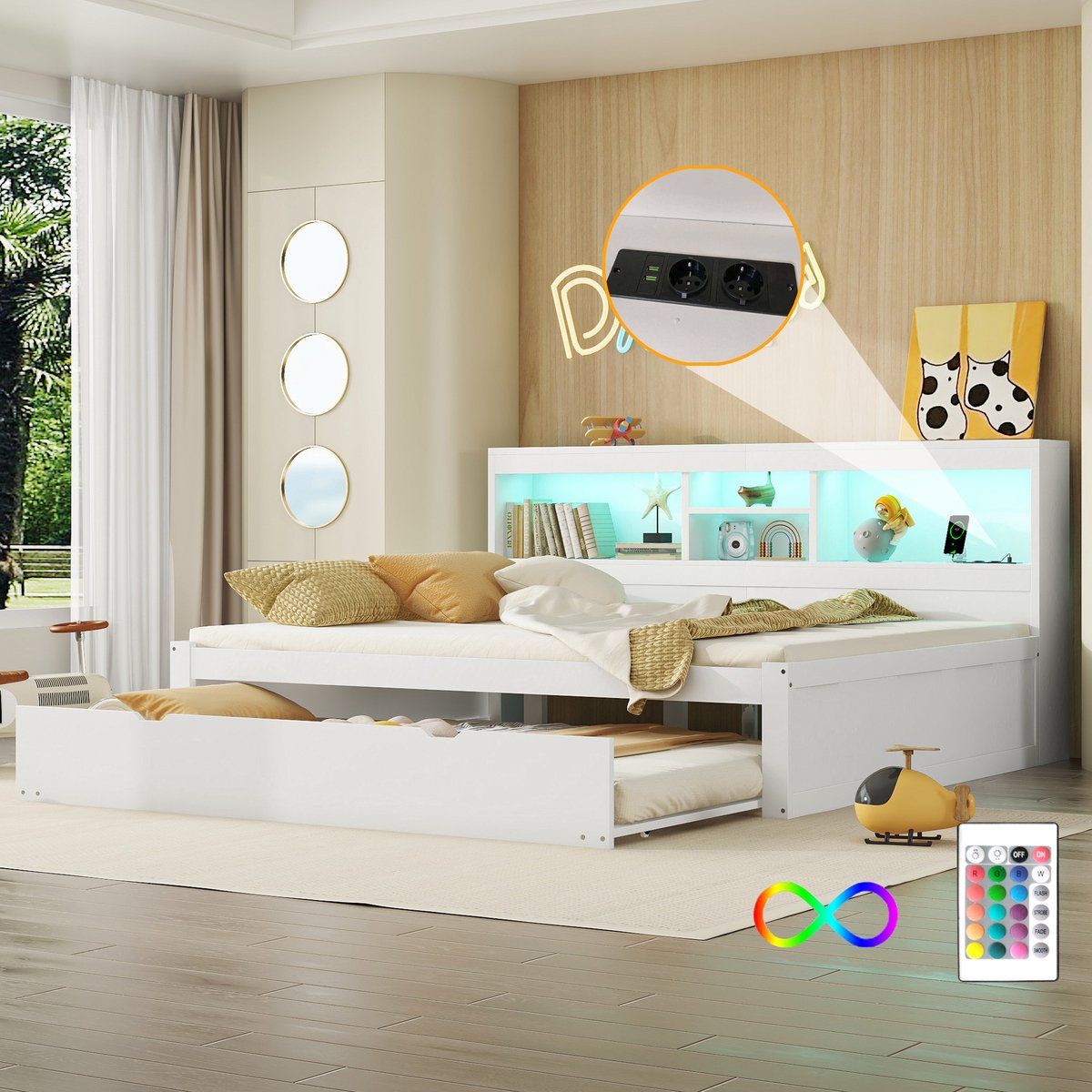DESMIU Slaapbank 140x200cm – Uitrekbed Met Verlichting En Oplaadfunctie – Hoofdbord Met Opbergvak – Voor Kinderkamer En Slaapkamer – Spaanplaat En MDF – Wit Zonder Matras