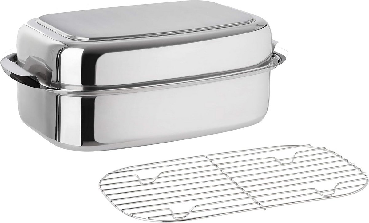 Roestvrijstalen Braadpan - Ovenschaal Deksel - Grote Maaltijden Bereiden - Inductie Thermo Bodem - 8 Liter Inhoud - Zilverkleurig