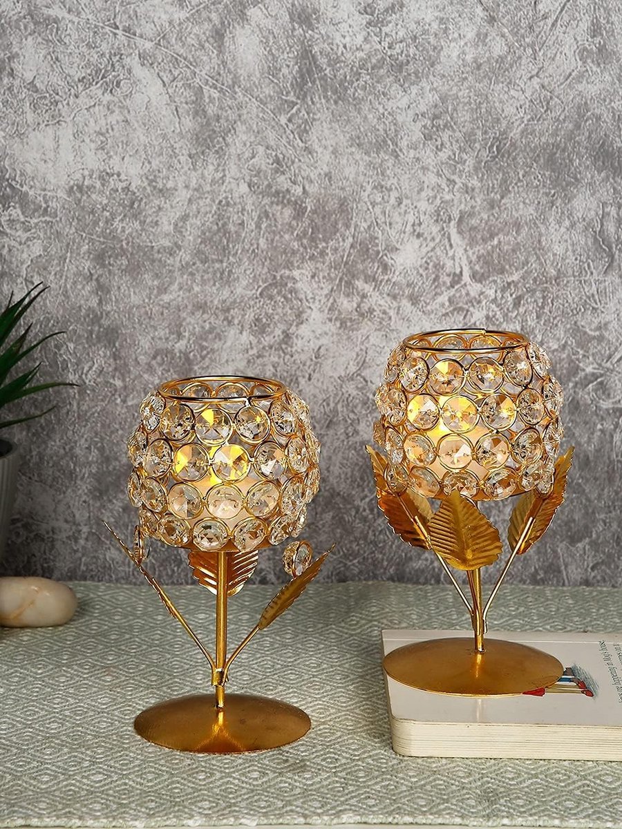 Kaarshouder Set - Decoratieve Standers - Sfeervolle Decoratie - Kristallen kralen design - 5 stuks - Goudkleurig