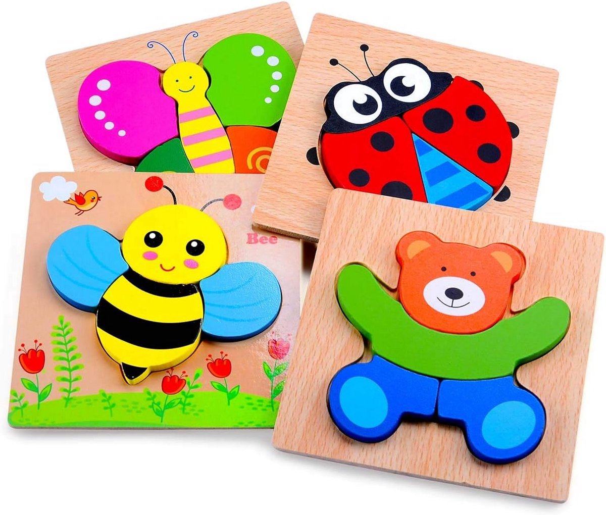 Houten Dier Puzzels - Peuter Puzzel Set - Cognitieve Ontwikkeling - Gladde Randen - 4 Packs - Meerkleurig